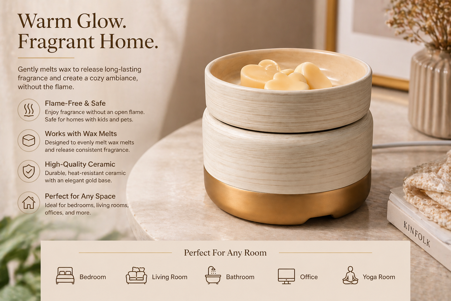 Textured Ceramic Wax Melt Warmer with Gold Base | 3-in-1 Home Fragrance Decor