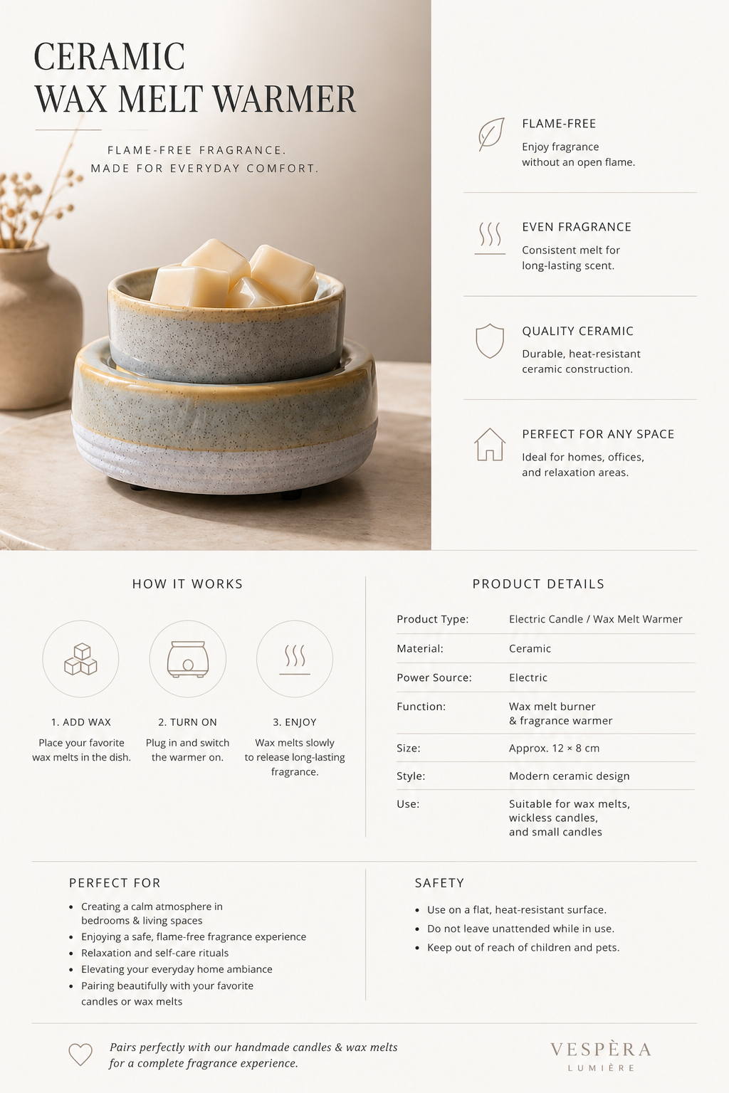 Sienna Ceramic Electric Wax Melt Warmer | 3-in-1 Home Fragrance Decor