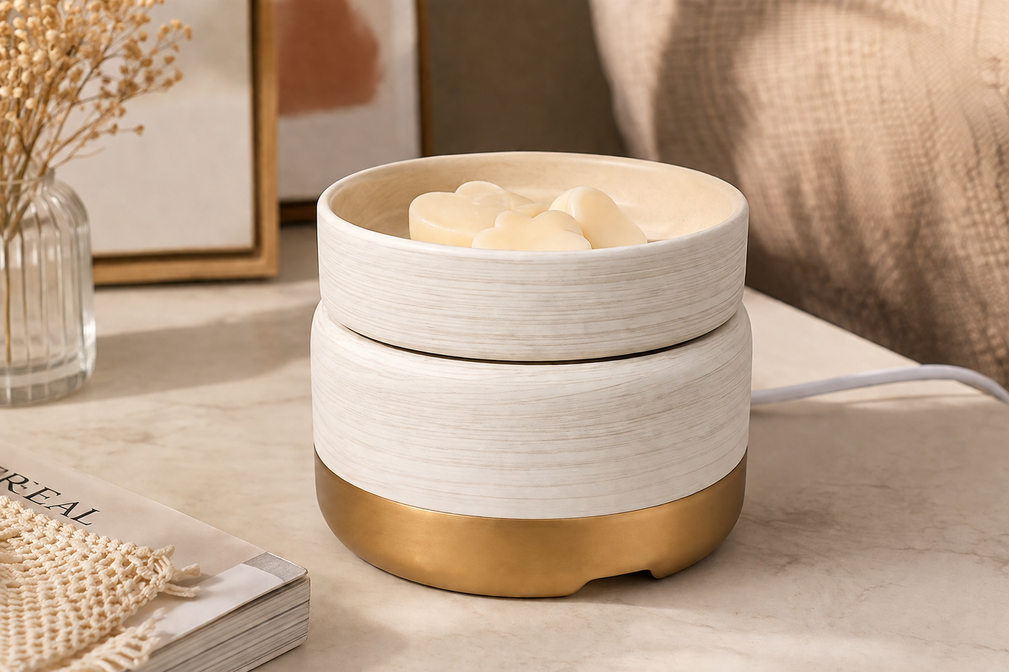 Textured Ceramic Wax Melt Warmer with Gold Base | 3-in-1 Home Fragrance Decor