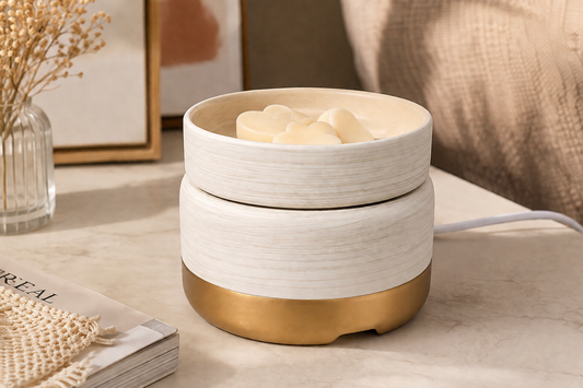 Textured Ceramic Wax Melt Warmer with Gold Base | 3-in-1 Home Fragrance Decor